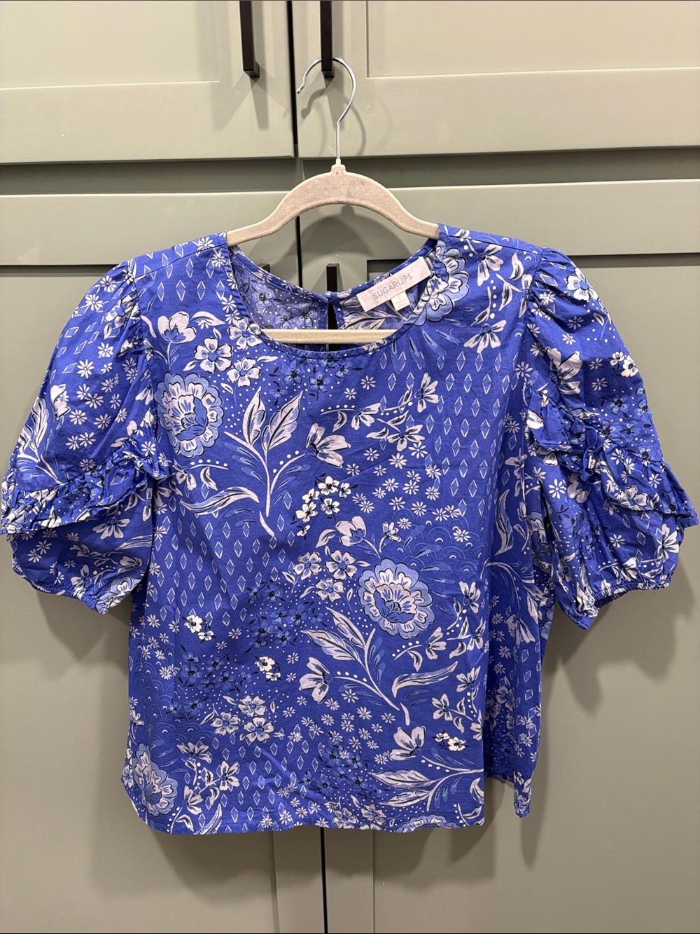 Sugarlips Royal Blue Floral Puff-Sleeve Blouse